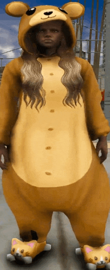 a woman is wearing a teddy bear onesie and slippers