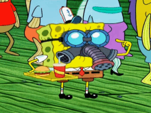 a cartoon of spongebob wearing a gas mask and holding a tray of food