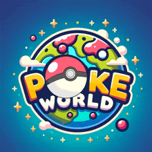 a colorful logo for poke world with a poke ball in the middle