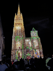 a crowd of people gathered in front of a tall building with a tower lit up at night