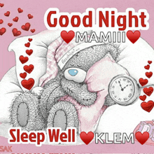 a teddy bear is laying on a pillow with a clock and the words good night mamii sleep well klem below it