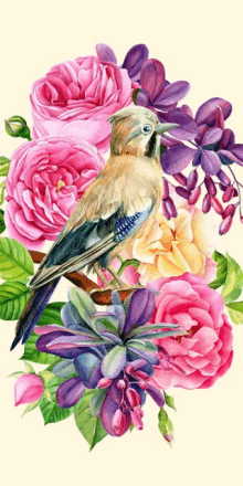 a bird is sitting on a branch surrounded by pink roses and purple flowers