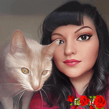 a painting of a woman holding a cat with red roses in the background