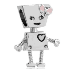 a silver robot with a pink bow and heart on its chest