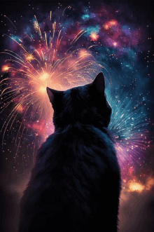 a black cat looks up at fireworks in the night sky