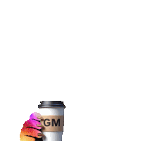 a person is holding a cup of coffee with the letters gm on it