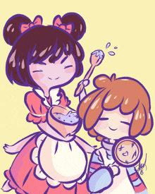 a drawing of a girl holding a bowl of food and a boy holding a cookie