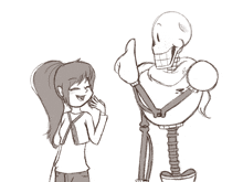 a drawing of a girl standing next to a skeleton giving a thumbs up