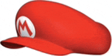 a red hat with a white m logo on it .