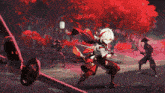 a group of samurai are fighting each other with swords and a lantern in the background