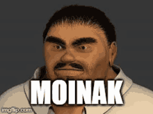 a man with a mustache and beard is wearing a white shirt and has the word moinak on his face .