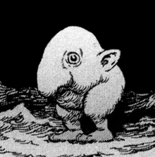 a black and white drawing of a monster with a beard and a large head .