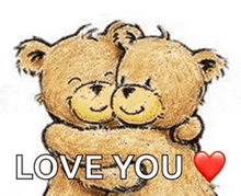 two teddy bears hugging each other with the words `` love you '' written on the bottom .