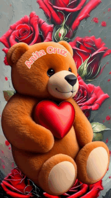 a teddy bear holding a red heart with the name anita cruz written on it