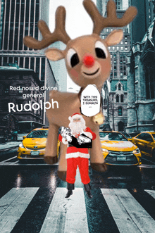 a stuffed reindeer standing next to a man dressed as santa claus