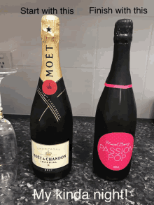 a bottle of moet and a bottle of passion pop on a counter