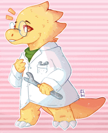 a drawing of a lizard wearing glasses and a lab coat holding a wrench