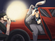 a cartoon of a man taking a picture of a bunny in a car