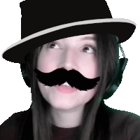 a woman with a hat and a fake mustache on her face