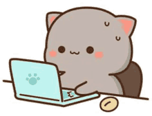 a cute cartoon cat is sitting at a desk using a laptop computer .