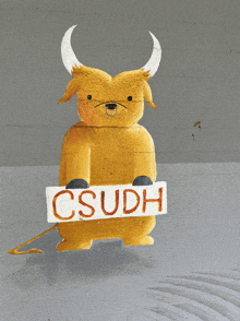 a bull holding a sign that says csudh on it