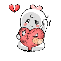 a cartoon character holds a broken heart with a bandage on it