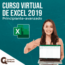 a woman is holding a laptop and pointing at it with the words curso virtual de excel 2019