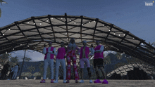 a group of people standing under a roof with a screenshot of a video game called evolution