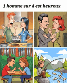 a cartoon of a man and a woman with the words 1 homme sur 4 est heureux above them