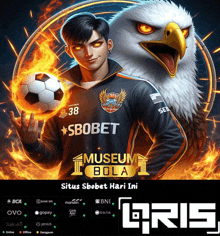 a man holding a soccer ball in front of an eagle that says situs sbobet hari ini