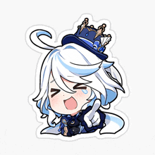 a sticker of a girl with white hair and a blue hat