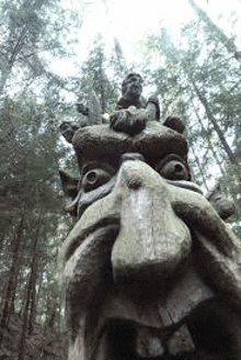 a close up of a wooden statue in the woods .