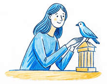 a drawing of a woman petting a bird in a cage