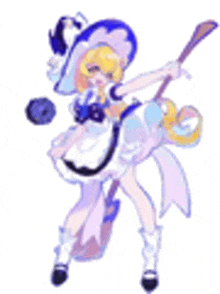 a girl in a maid outfit is holding a broom and a ball .