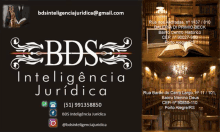 a business card for bds inteligencia juridica shows a library