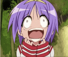 a cartoon girl with purple hair is making a funny face .