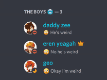 a screenshot of a discord conversation between three boys