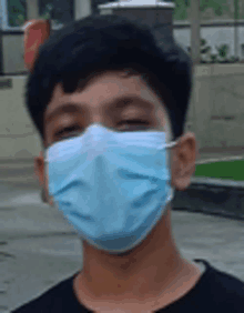 a young man wearing a blue face mask is smiling for the camera .