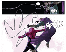 a comic book page shows spider-man and mysterio fighting and the word spok is on the bottom