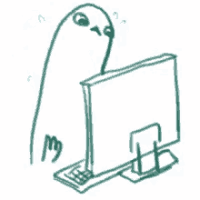 a drawing of a ghost looking at a computer monitor .