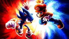 a painting of sonic the hedgehog and mario fighting each other