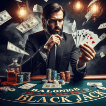 a man in a suit is playing a game of blackjack at a table that says balon68