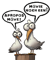 two seagulls are standing next to each other with speech bubbles saying appropos mowe and mowie noch een