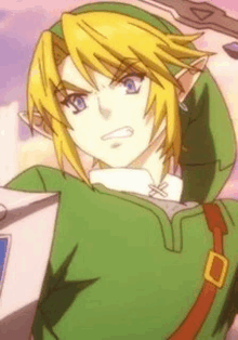 link from the legend of zelda is wearing a green hoodie and a red belt .