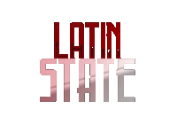 a red and silver logo for latin state on a white background