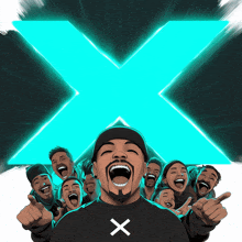 a group of people are laughing in front of a blue letter x