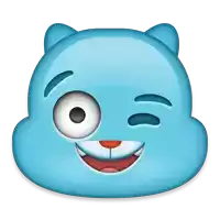 a blue cartoon face with a wink on its eye