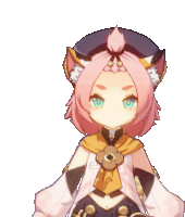 a girl with pink hair and blue eyes is wearing a cat ear hat