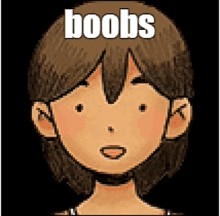 a cartoon girl with a choker on her neck and the word boobs on her head .