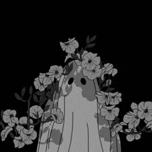 a ghost is surrounded by flowers on a black background .